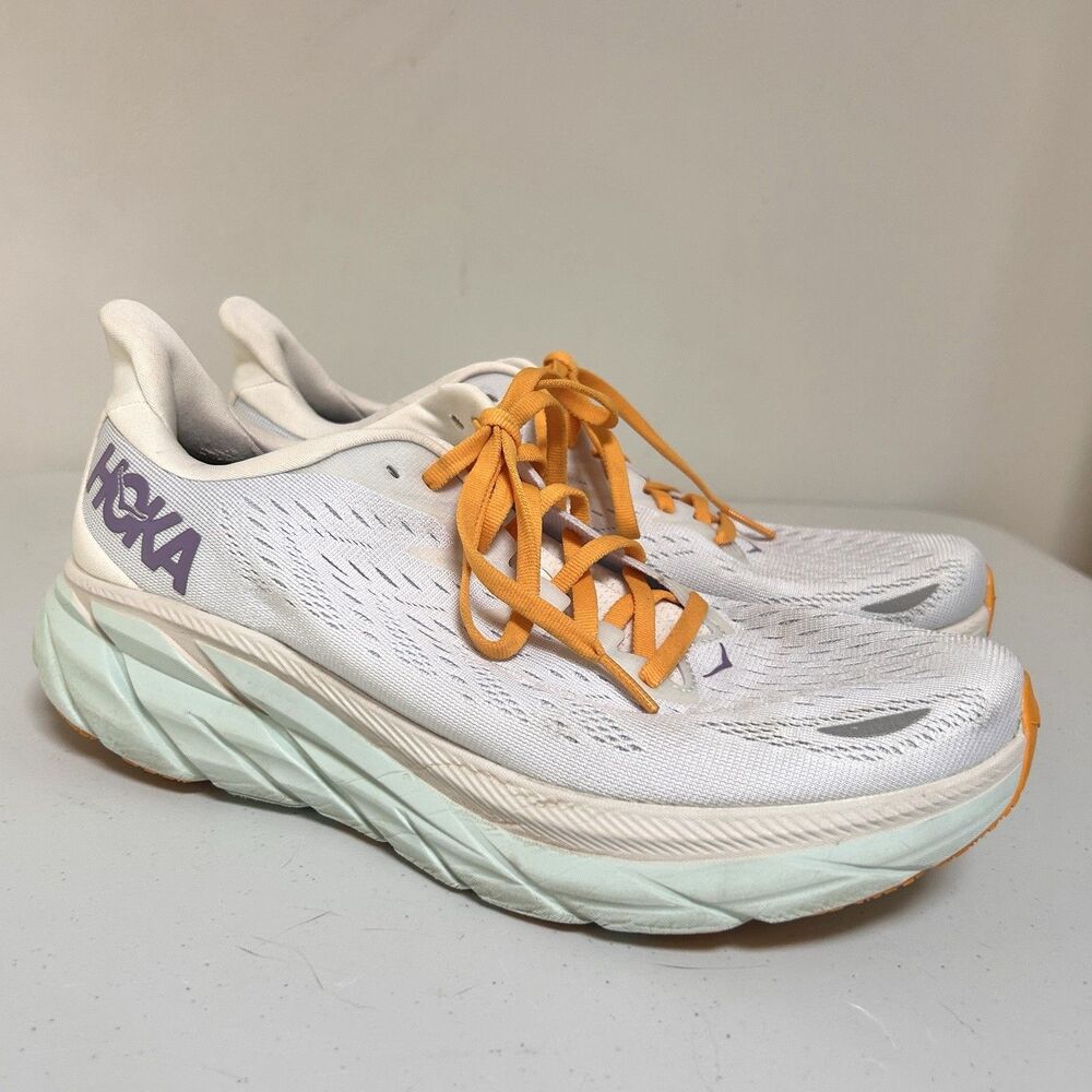 Hoka One Clifton 8 Womens Size 10 White Orange Running Shoes Sneakers 1119394